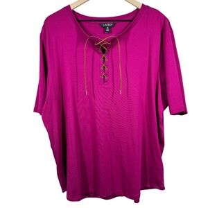 Lauren Ralph Lauren 3x Stretch Cotton Fuchsia Berry Lace-Up Popover Blouse Plus